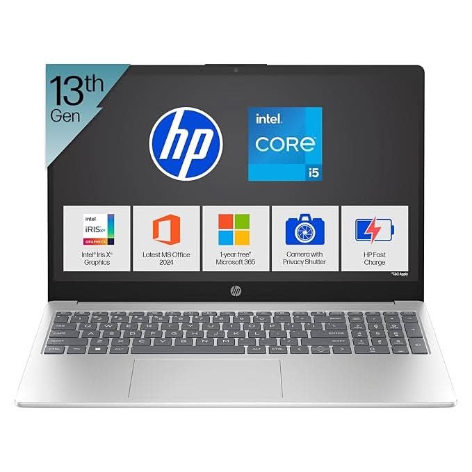 HP 15, 13th Gen Intel Core i5-1334U Laptop (12GB DDR4,512GB SSD) Anti-Glare,Micro-Edge,15.6''/39.6cm, FHD, Win11,M365,Office24, Silver,1.59kg, Iris Xe Graphics, FHD Camera w/Privacy Shutter, fd0575TU