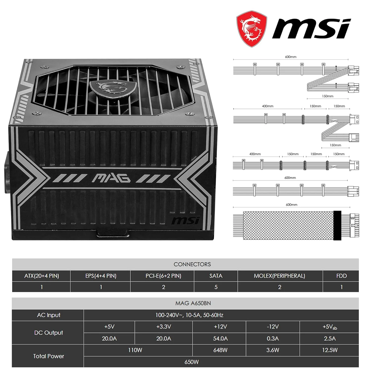 MSI 650W MAG A650BN 80 PLUS BRONZE NON MODULAR SMPS